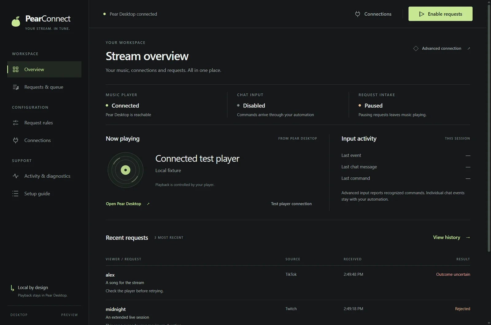 PearConnect desktop showing player connection, request intake, input activity and recent request results