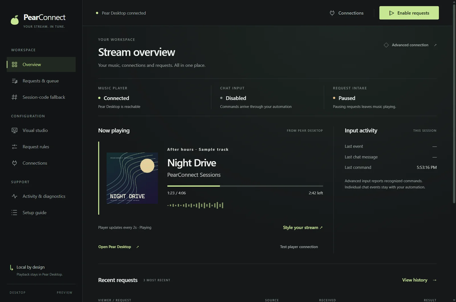 PearConnect desktop showing player connection, request intake, input activity and recent request results
